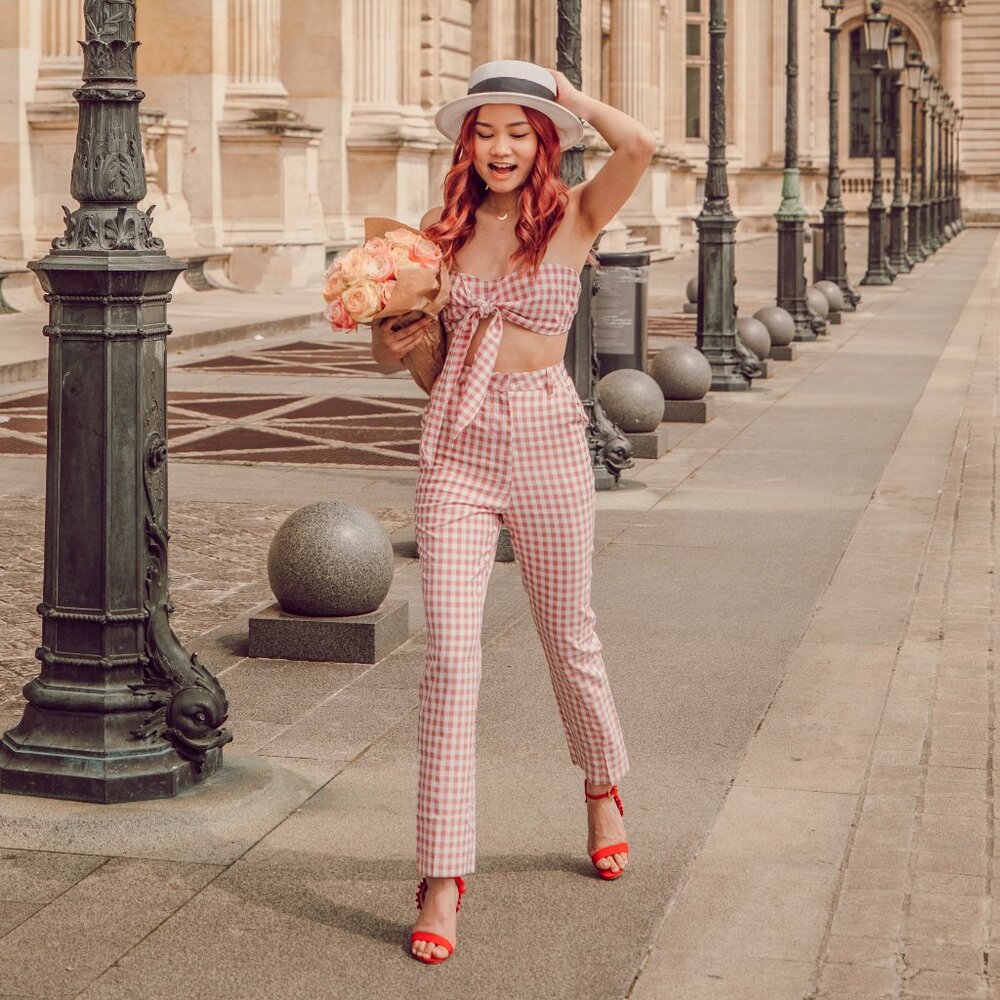 Pink & White Gingham Print Two-Piece Set